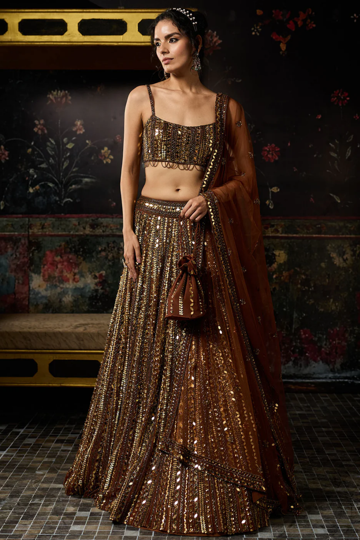 METALLIC GOLD EMBELLISHED MIRRORWORK LEHENGA SET