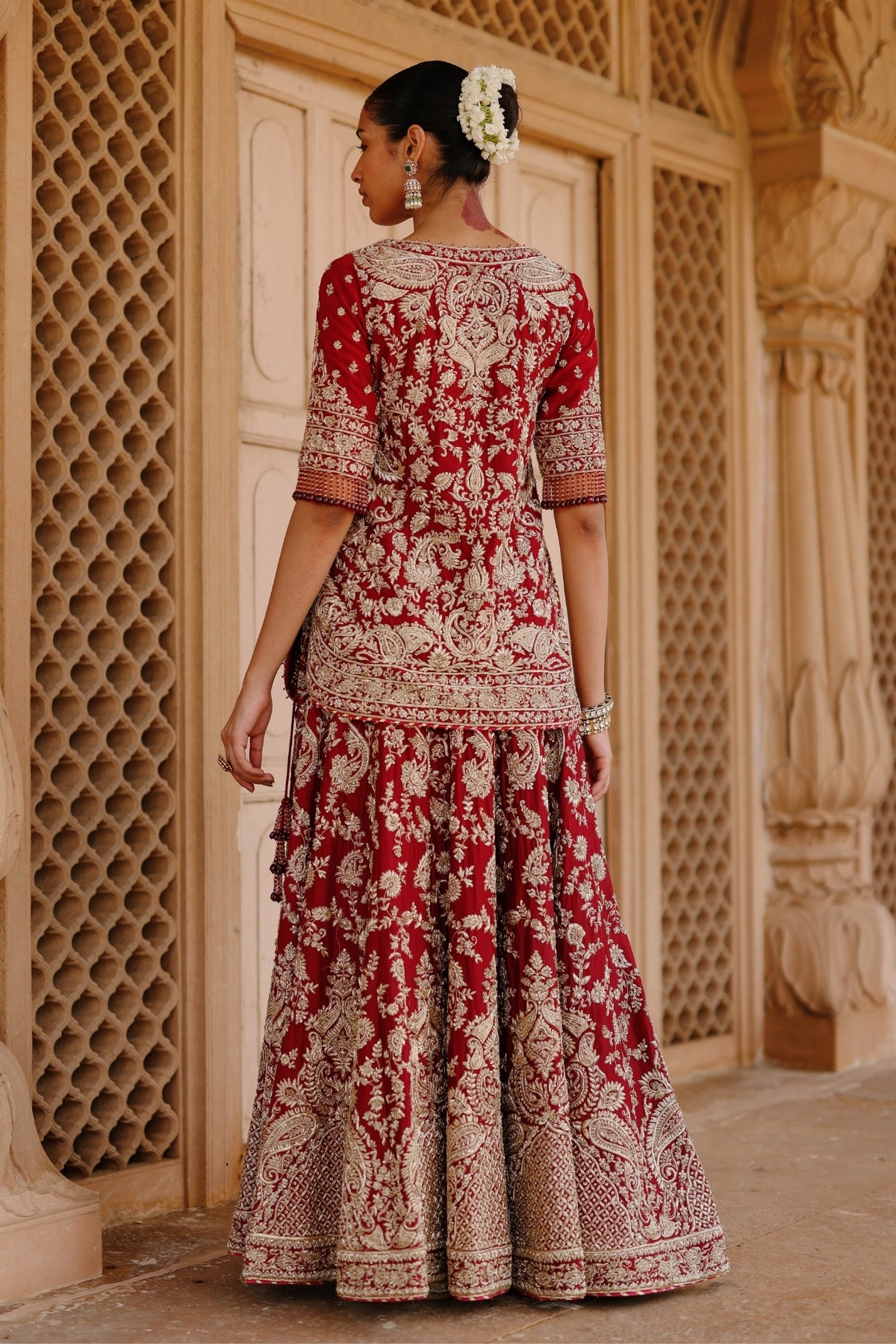 Merab - Deep Red Kurta Set with Lehenga & Dupatta