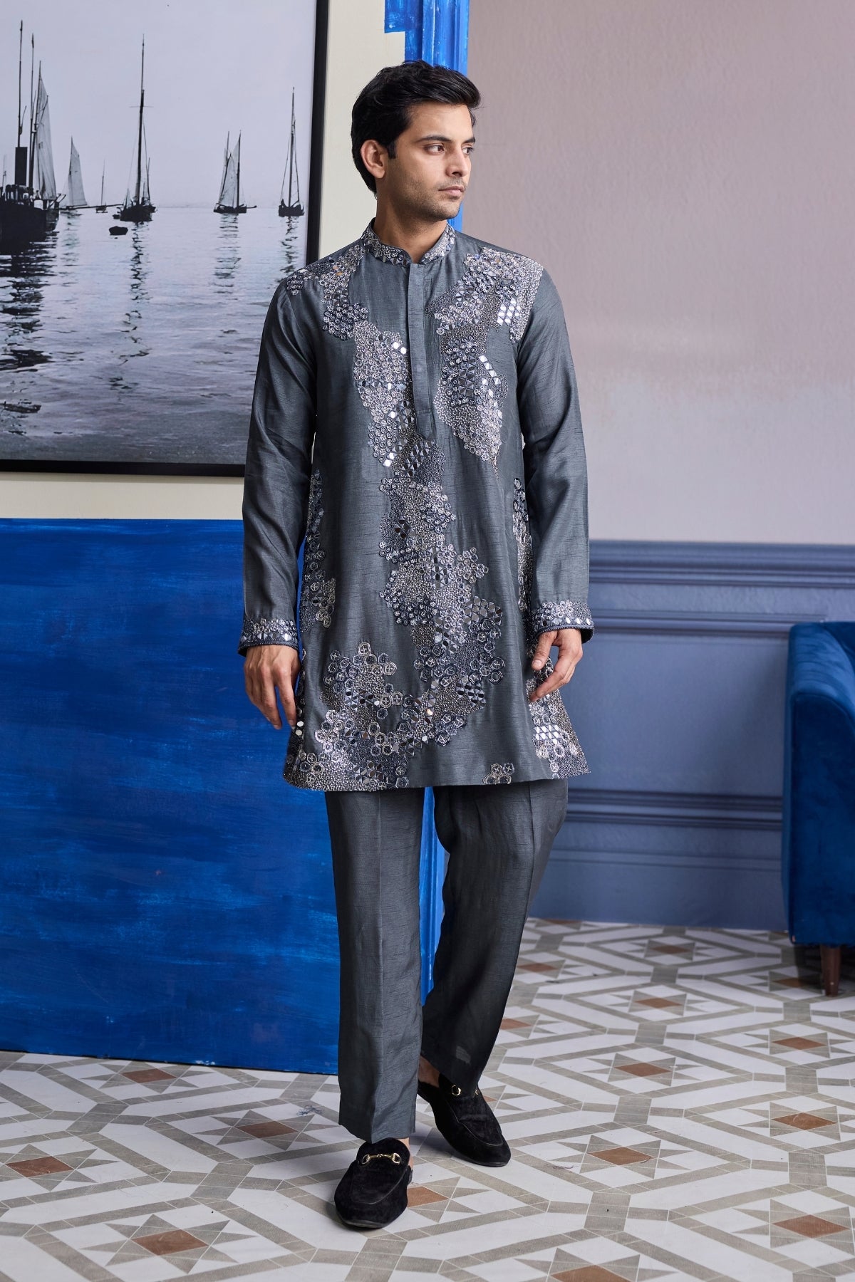STEEL GREY EMBROIDERED KURTA WITH PANTS