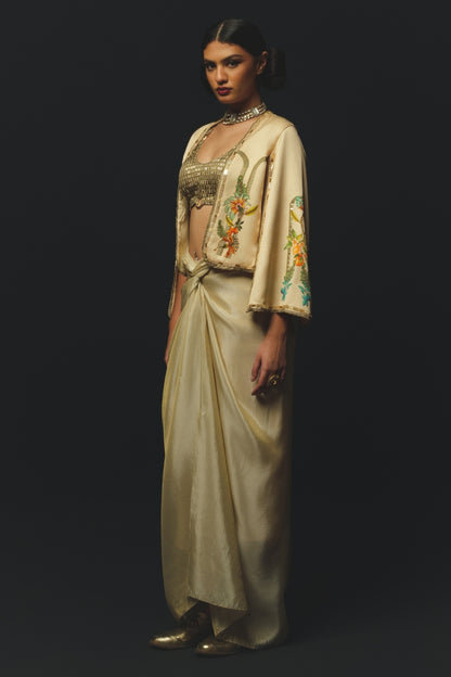 Beige Linen Satin Draped Skirt Set