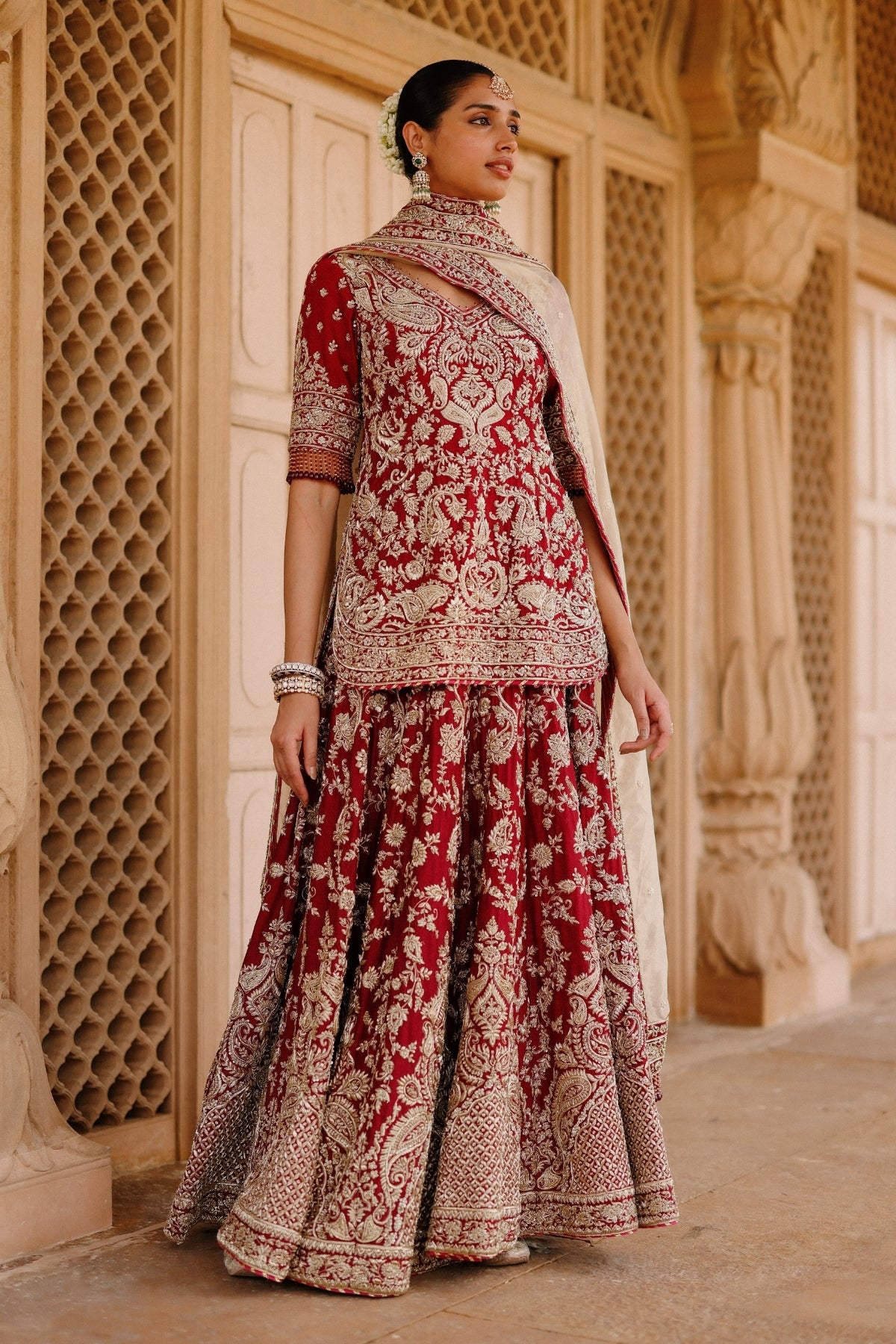 Merab - Deep Red Kurta Set with Lehenga & Dupatta
