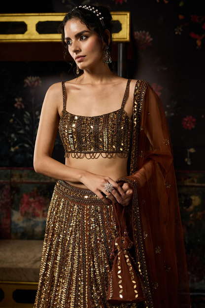 METALLIC GOLD EMBELLISHED MIRRORWORK LEHENGA SET