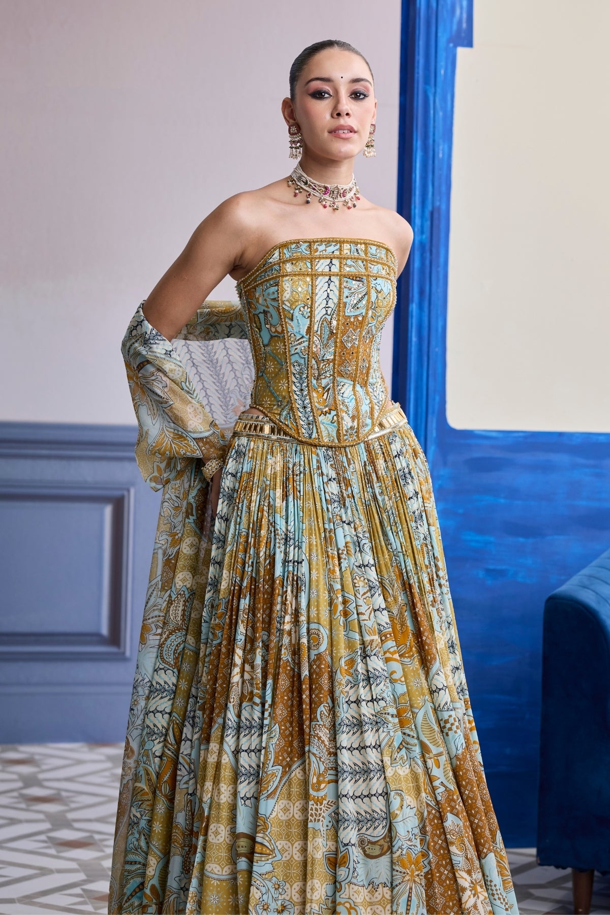 YELLOW FLORAL CORSET WITH TASSEL LEHENGA & PRINTED DUPATTA SET