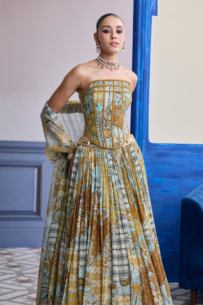 YELLOW FLORAL CORSET WITH TASSEL LEHENGA & PRINTED DUPATTA SET