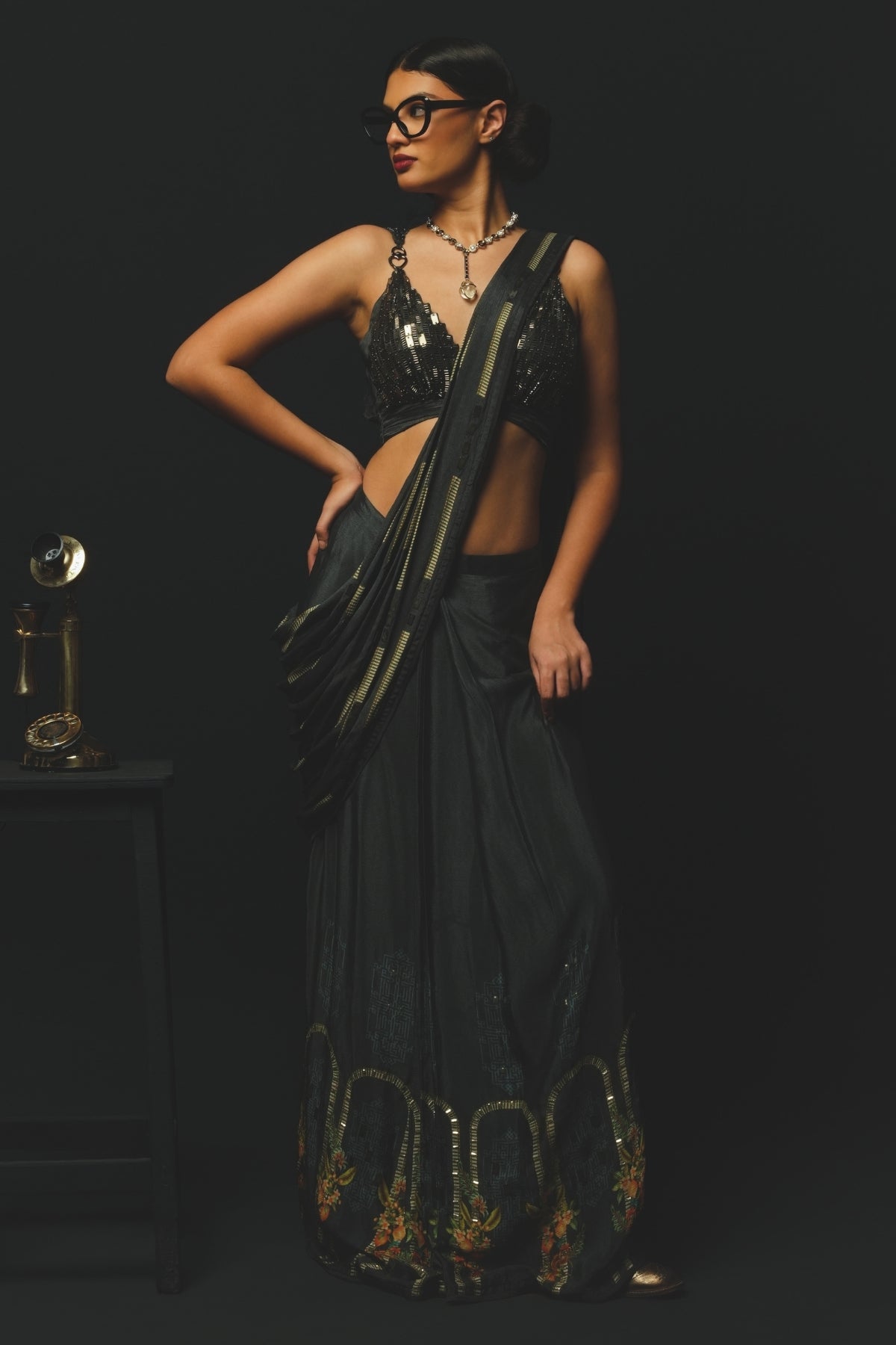 Charcoal Gajji Satin & Chiffon Pre-Draped Saree Set