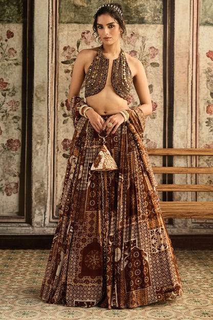 CARAMEL EMBROIDERED HALTER BLOUSE WITH PRINTED LEHENGA SET