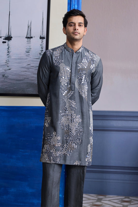 STEEL GREY EMBROIDERED KURTA WITH PANTS