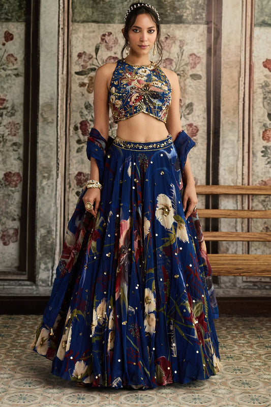 BLUE FLORAL PRINT AND HIGHLIGHTED LEHENGA SET