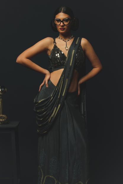 Charcoal Gajji Satin & Chiffon Pre-Draped Saree Set
