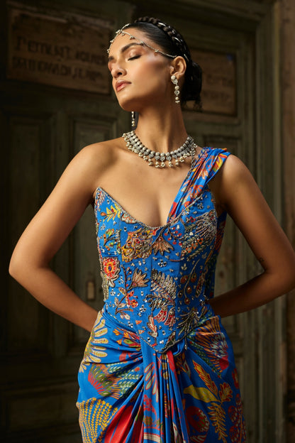 ELECTRIC BLUE PRINTED AND HIGHLIGHTED CORSET DHOTI SKIRT SAREE SET