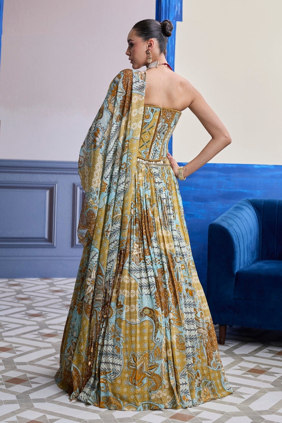 YELLOW FLORAL CORSET WITH TASSEL LEHENGA & PRINTED DUPATTA SET