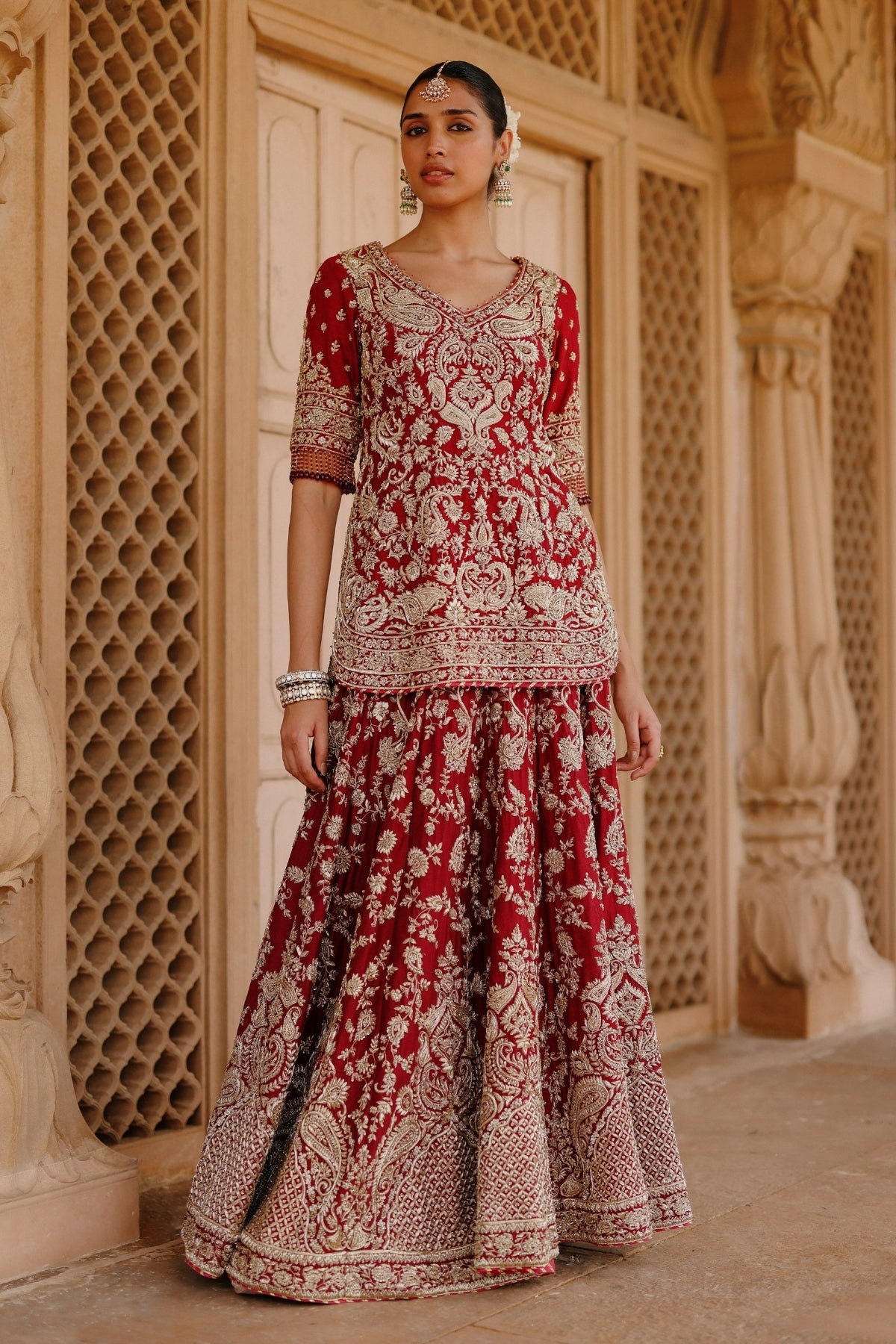 Merab - Deep Red Kurta Set with Lehenga & Dupatta