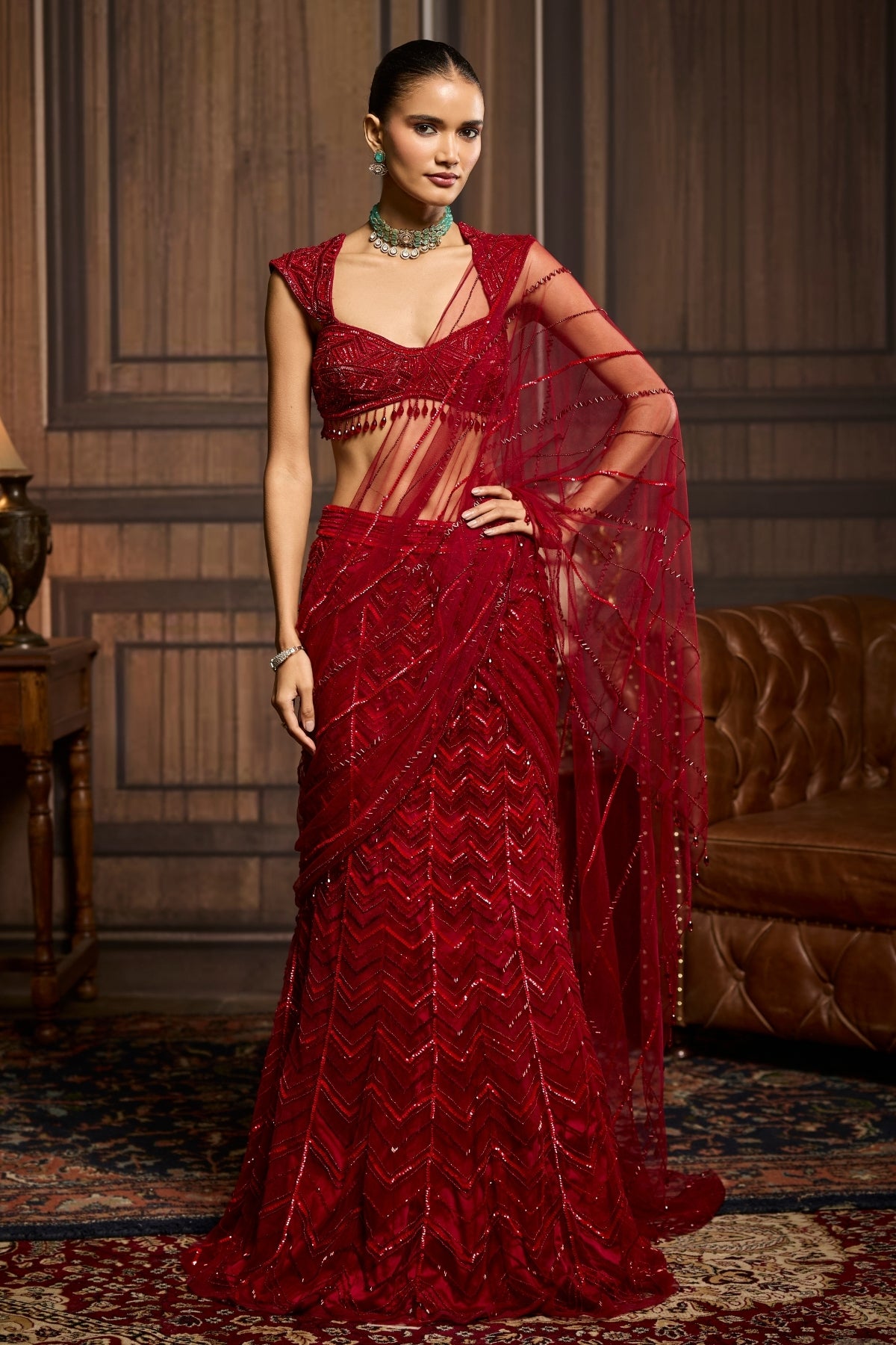 RED EMBELLISHED DRAPED PRE-DRAPED SKIRT SAREE SET