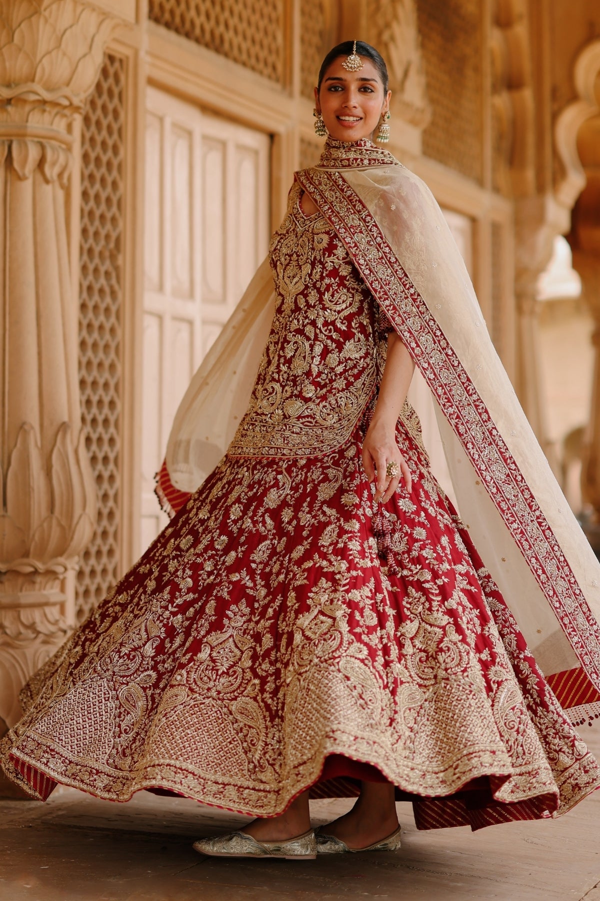 Merab - Deep Red Kurta Set with Lehenga & Dupatta