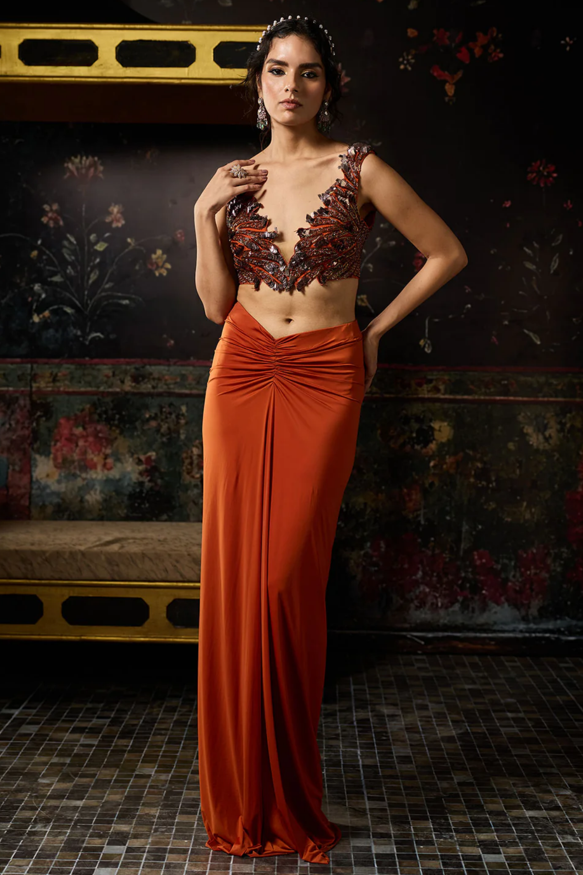 RUST CUTWORK BLOUSE WITH DRAPED SKIRT SET