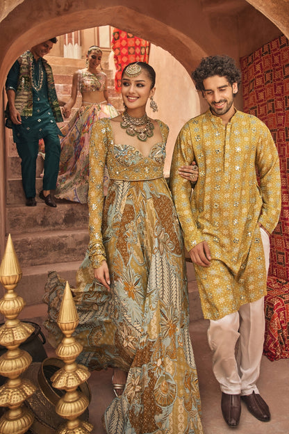 YELLOW FLORAL ANARKALI WITH EMBROIDERED SOLID DUPATTA SET