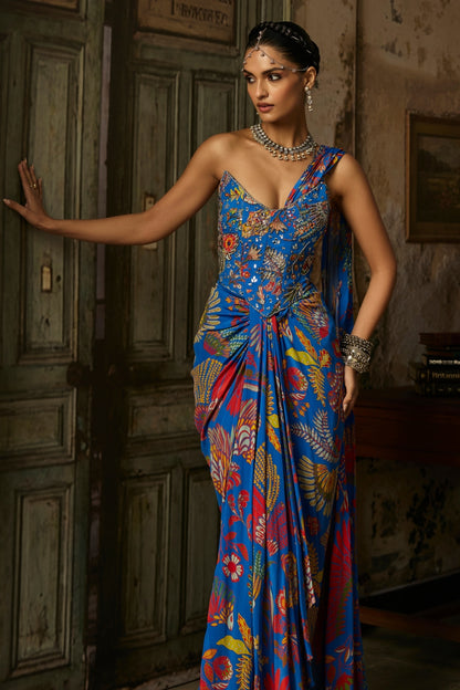 ELECTRIC BLUE PRINTED AND HIGHLIGHTED CORSET DHOTI SKIRT SAREE SET
