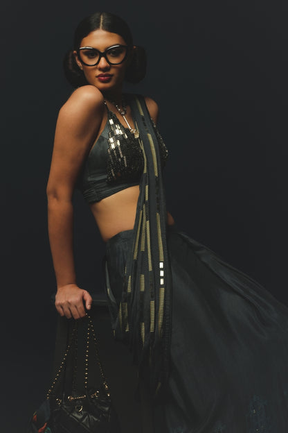Charcoal Gajji Satin & Chiffon Pre-Draped Saree Set