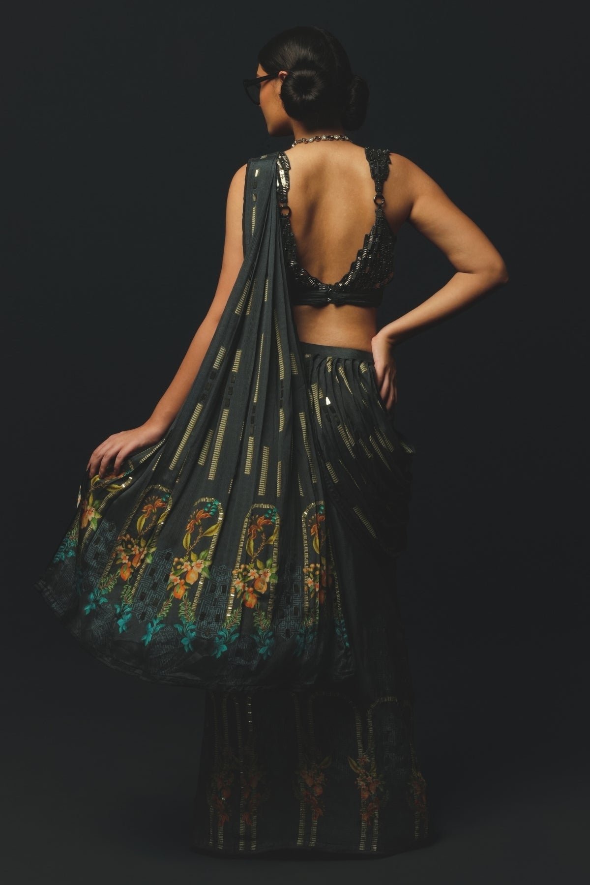 Charcoal Gajji Satin & Chiffon Pre-Draped Saree Set