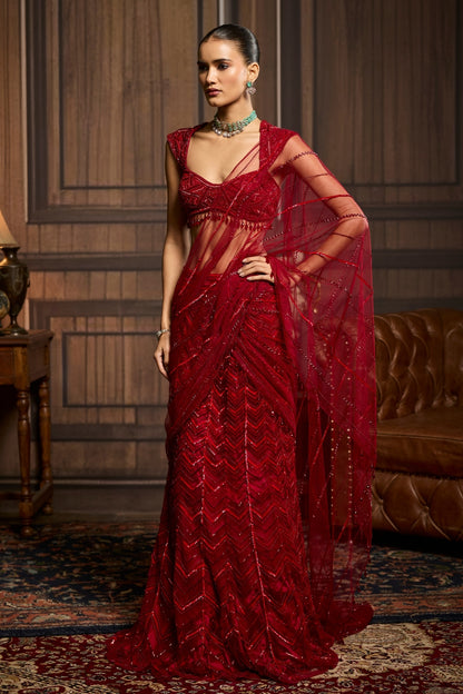 RED EMBELLISHED DRAPED PRE-DRAPED SKIRT SAREE SET