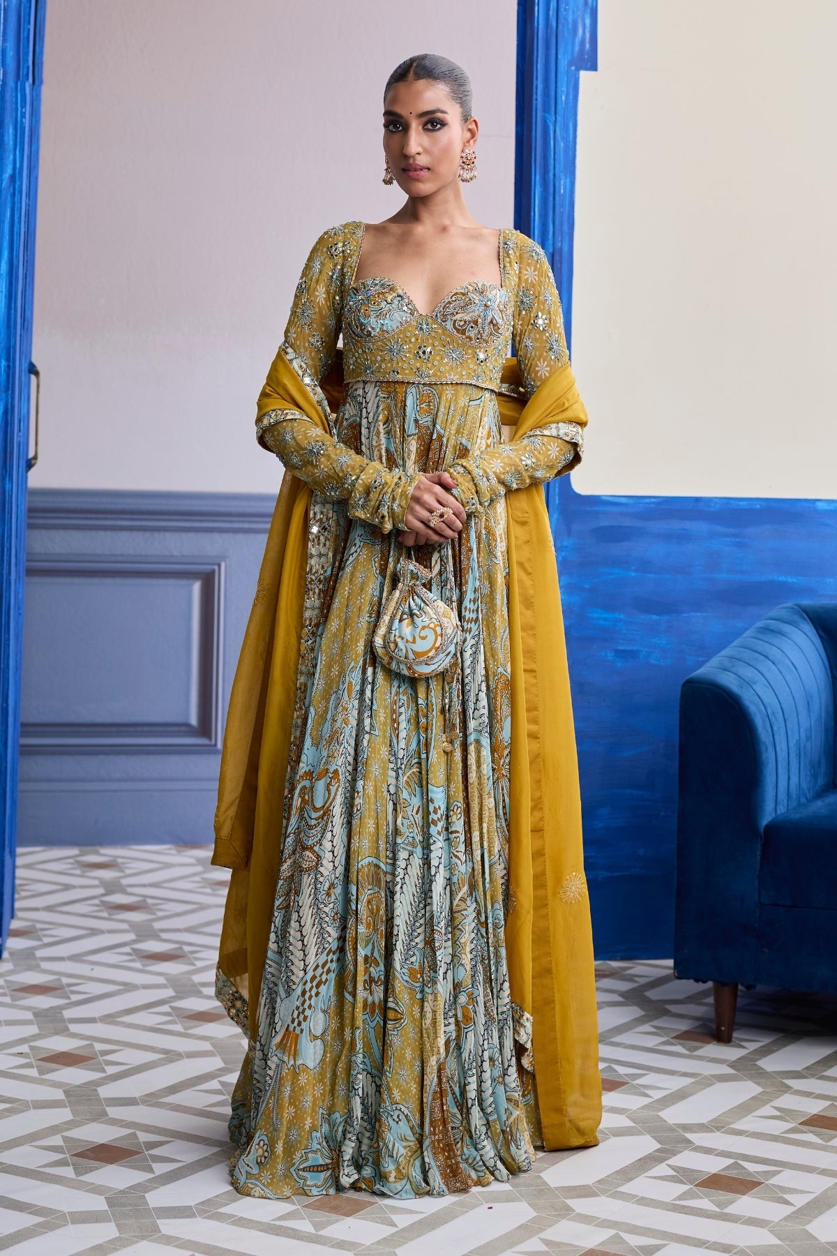 YELLOW FLORAL ANARKALI WITH EMBROIDERED SOLID DUPATTA SET