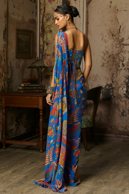 ELECTRIC BLUE PRINTED AND HIGHLIGHTED CORSET DHOTI SKIRT SAREE SET
