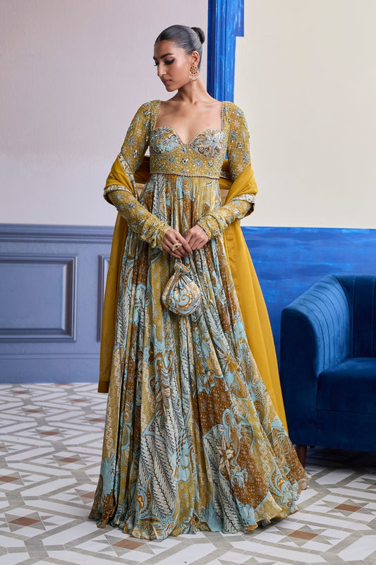 YELLOW FLORAL ANARKALI WITH EMBROIDERED SOLID DUPATTA SET