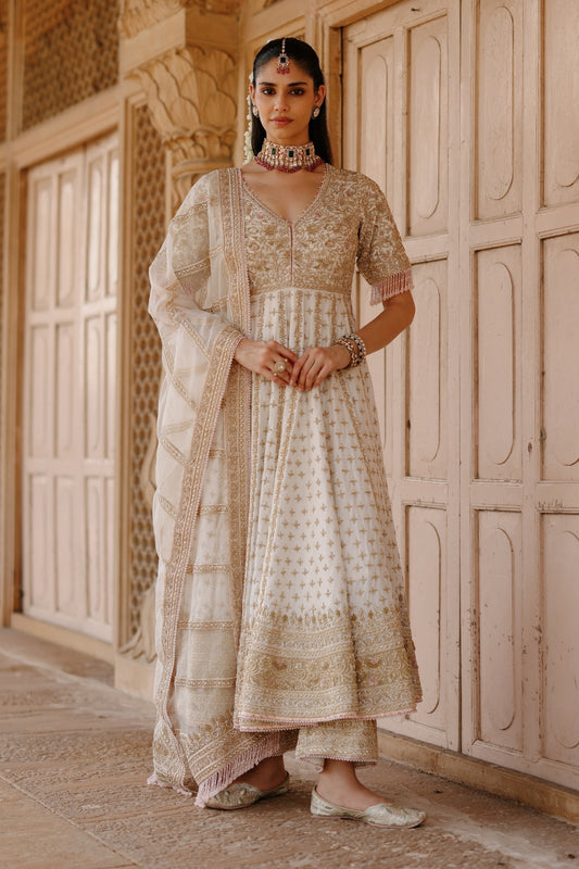 Nafees  - Daisy Ivory Kalidaar Anarkali Set with Palazzo & Dupatta