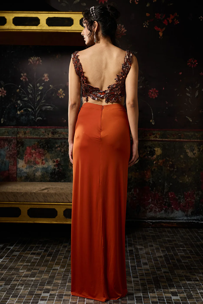 RUST CUTWORK BLOUSE WITH DRAPED SKIRT SET