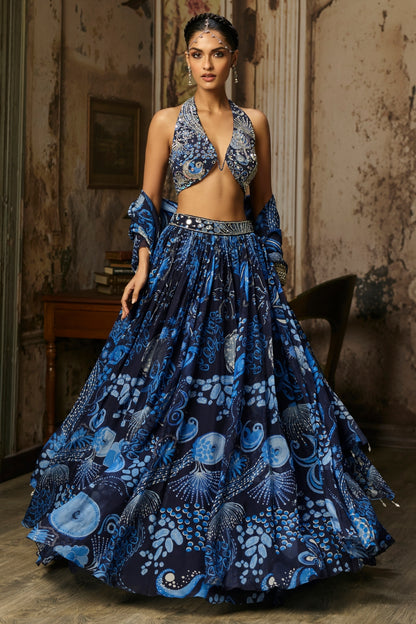 NAVY BLUE PRINTED & HIGHLIGHTED LEHENGA SET