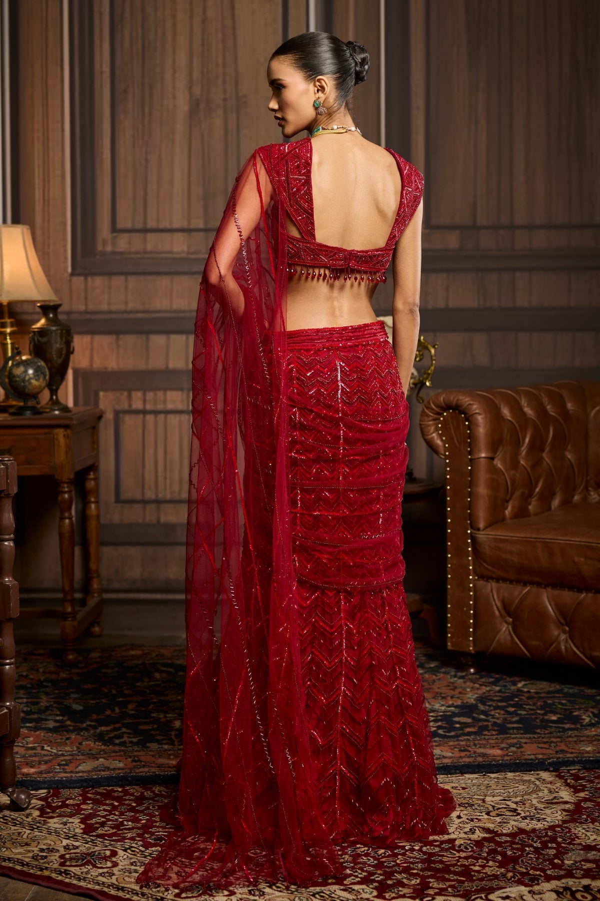 RED EMBELLISHED DRAPED PRE-DRAPED SKIRT SAREE SET