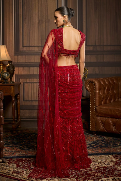 RED EMBELLISHED DRAPED PRE-DRAPED SKIRT SAREE SET