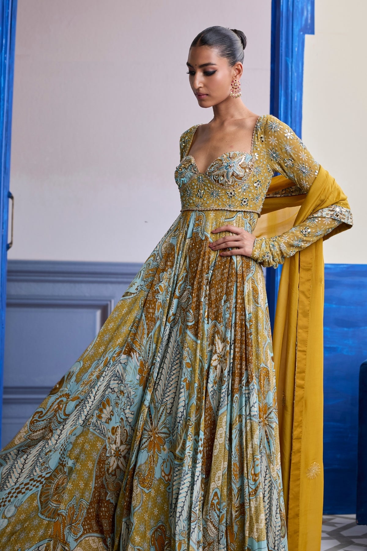 YELLOW FLORAL ANARKALI WITH EMBROIDERED SOLID DUPATTA SET