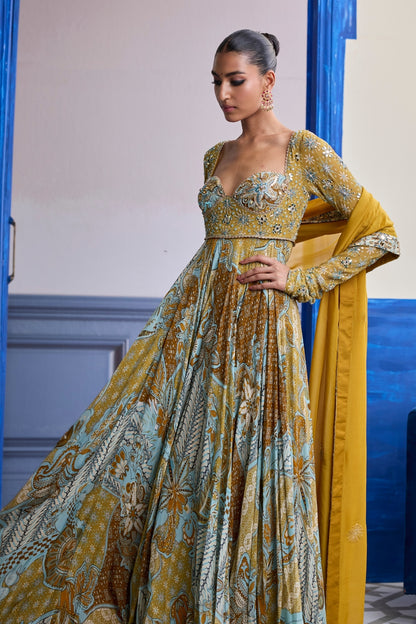 YELLOW FLORAL ANARKALI WITH EMBROIDERED SOLID DUPATTA SET