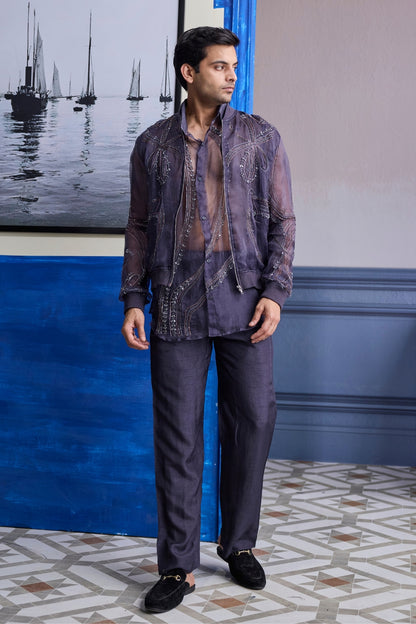 CHARCOL GREY ORGANZA SHIRT WITH EMBROIDERED ORGANZA BOMBER JACKET PAIRED WITH SOLID PANTS