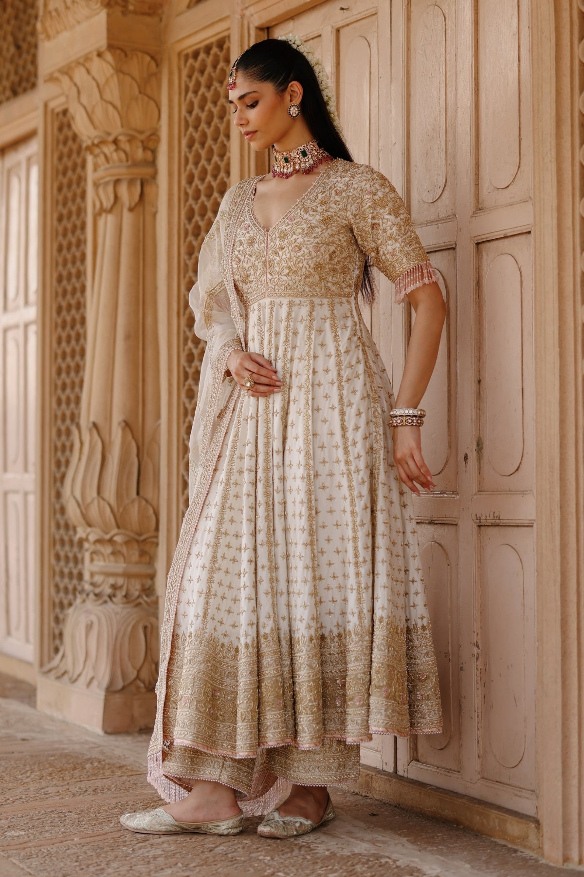 Nafees  - Daisy Ivory Kalidaar Anarkali Set with Palazzo & Dupatta