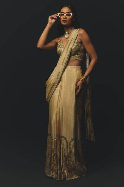 Beige Gajji Satin & Chiffon Pre-Draped Saree Set