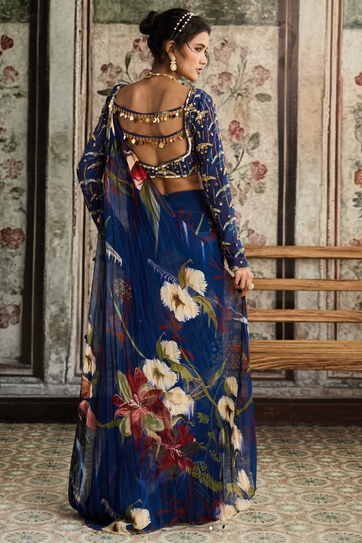 BLUE FLORAL PRINTED SKIRT SAREE SET