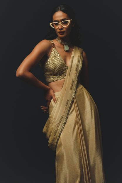 Beige Gajji Satin & Chiffon Pre-Draped Saree Set