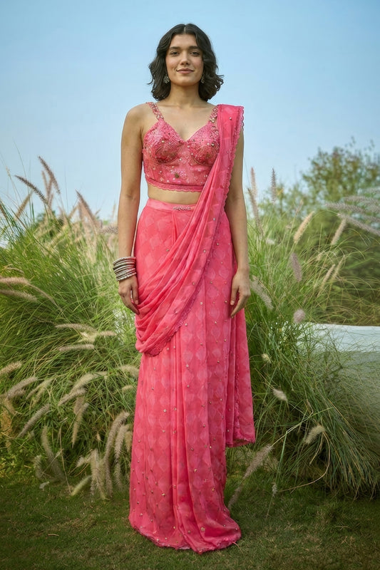 Pink embroided Pre- Draped saree and blouse