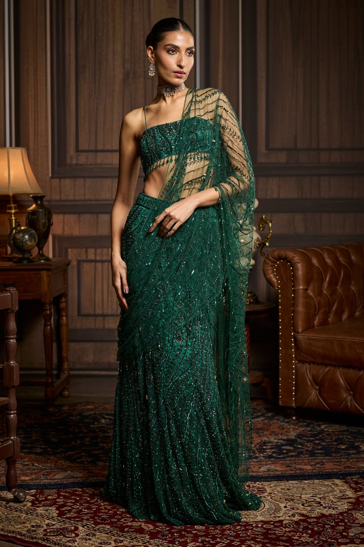 EMERALD GREEN EMBELLISHED BLOUSE AND PRE-DRAPED SAREE SET
