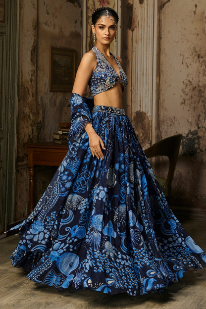 NAVY BLUE PRINTED & HIGHLIGHTED LEHENGA SET