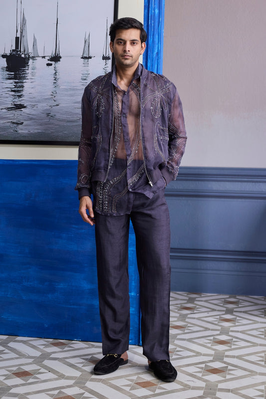 CHARCOL GREY ORGANZA SHIRT WITH EMBROIDERED ORGANZA BOMBER JACKET PAIRED WITH SOLID PANTS