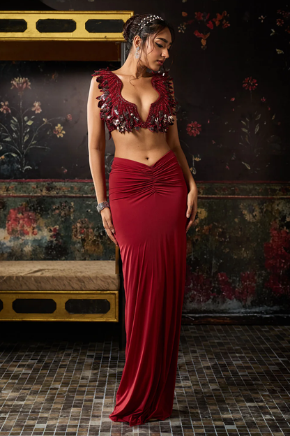 DEEP RED CUTWORK BLOUSE WITH DRAPED SKIRT SET
