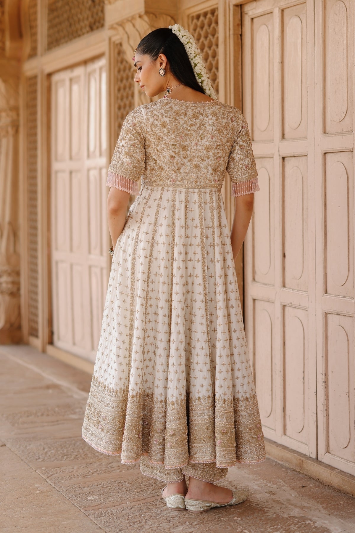 Nafees  - Daisy Ivory Kalidaar Anarkali Set with Palazzo & Dupatta