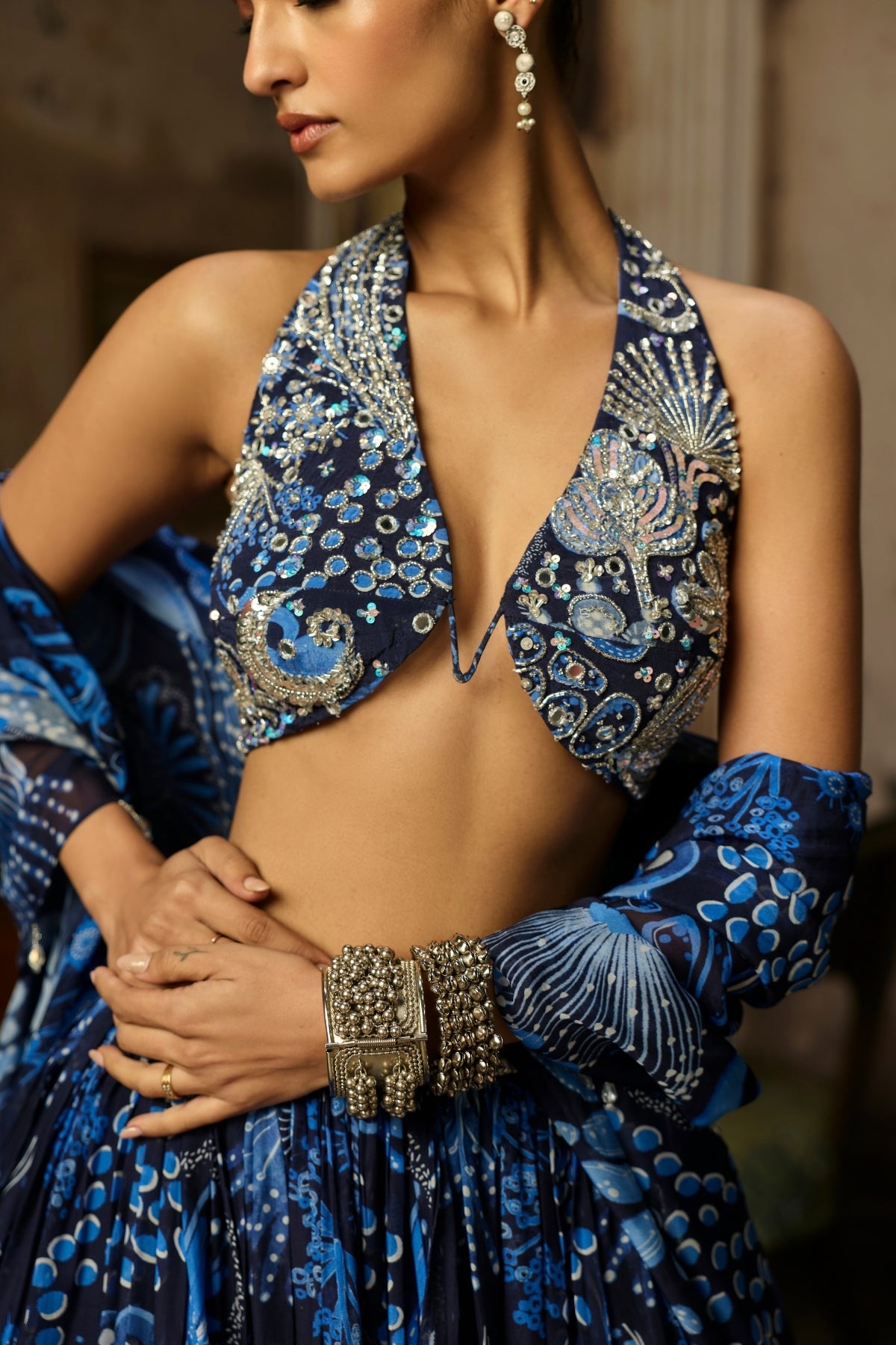 NAVY BLUE PRINTED & HIGHLIGHTED LEHENGA SET