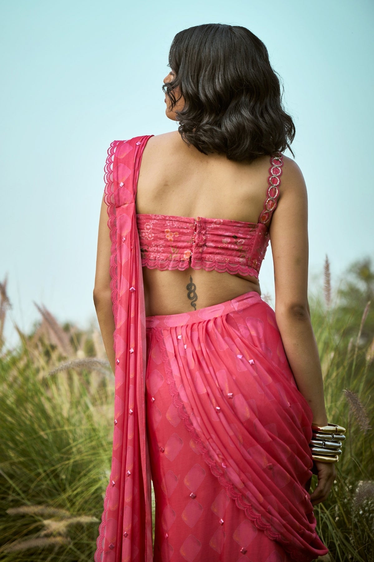 Pink embroided Pre- Draped saree and blouse