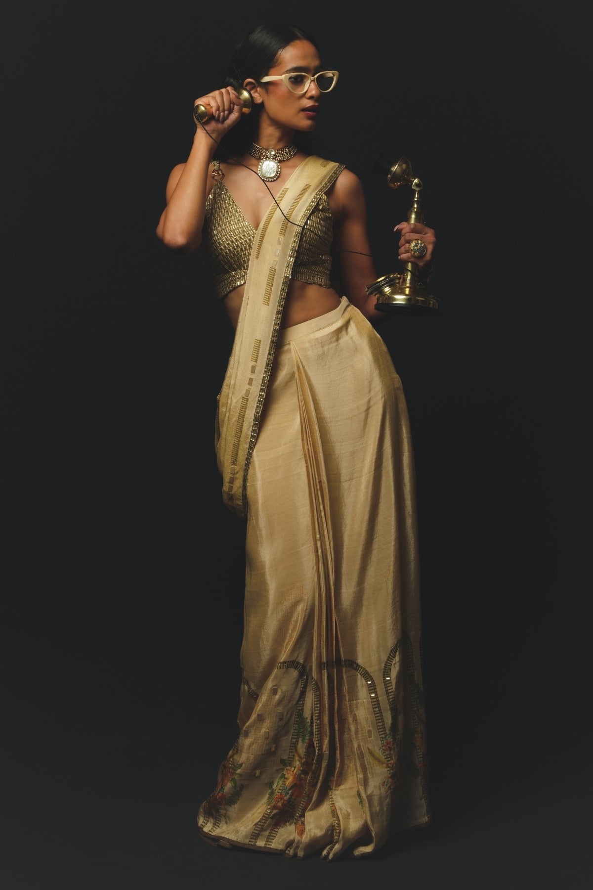 Beige Gajji Satin & Chiffon Pre-Draped Saree Set