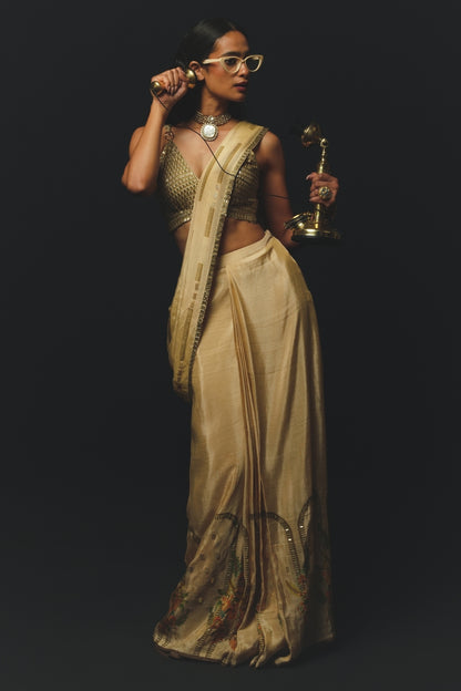 Beige Gajji Satin & Chiffon Pre-Draped Saree Set