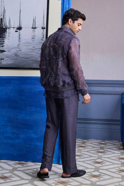 CHARCOL GREY ORGANZA SHIRT WITH EMBROIDERED ORGANZA BOMBER JACKET PAIRED WITH SOLID PANTS